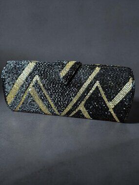 Vintage Genie Black & Gold Beaded Evening Clutch – Made in Korea – 60s/70s Cockt